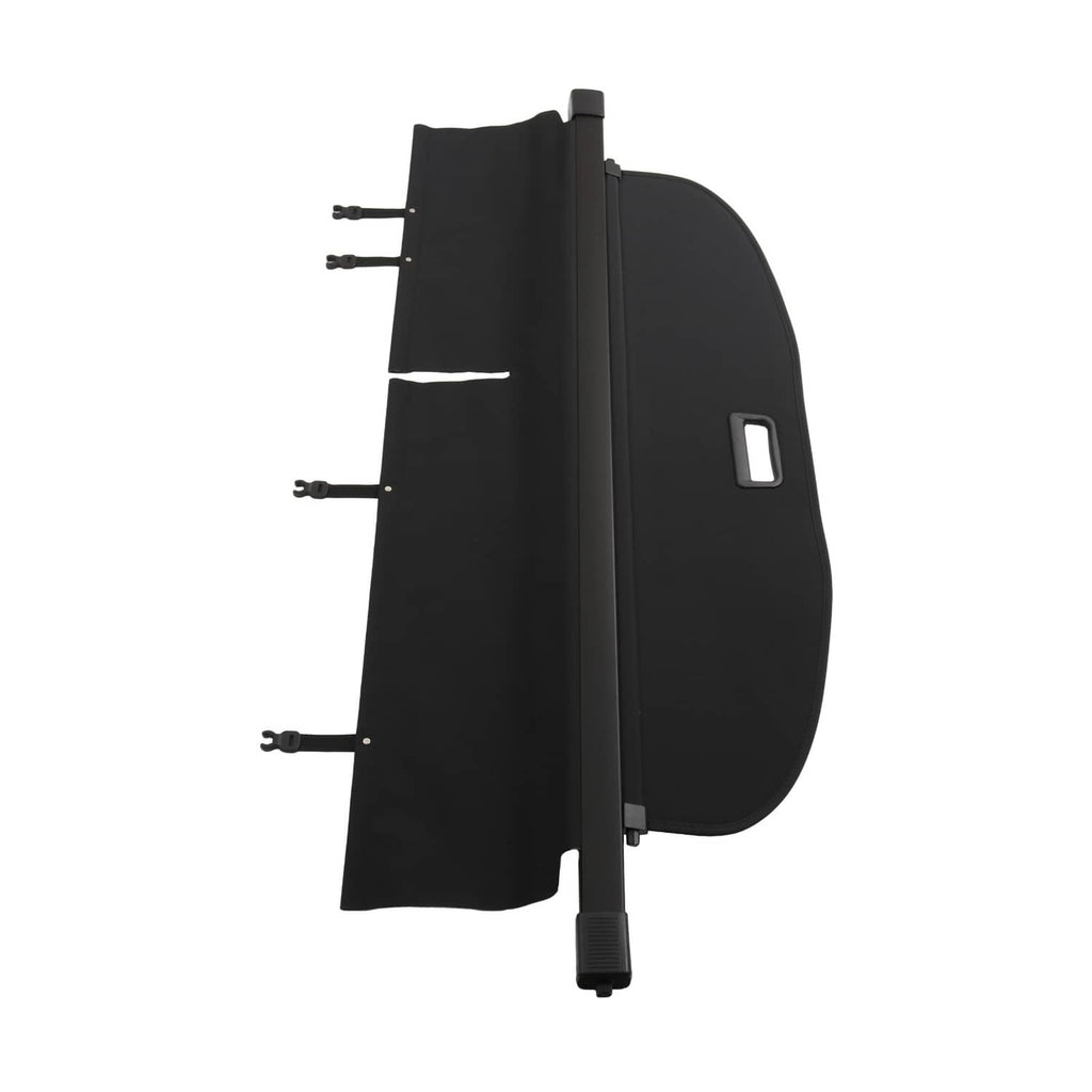 Rear trunk security shade cargo cover side view with black end panel and mounting hardware
