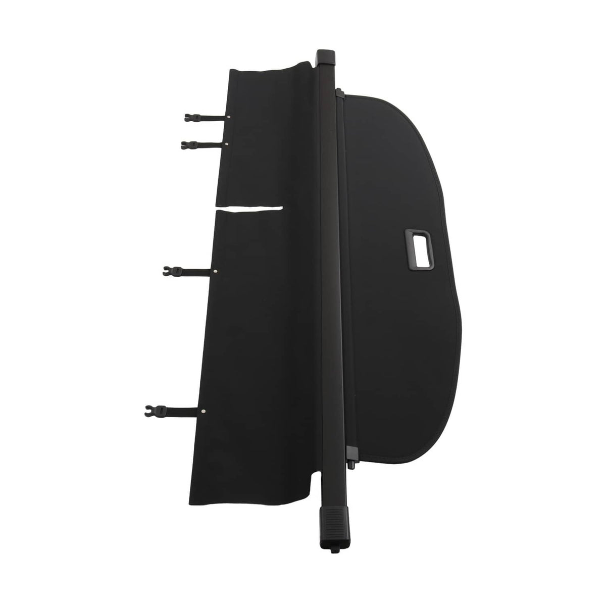 Rear trunk security shade cargo cover side view with black end panel and mounting hardware