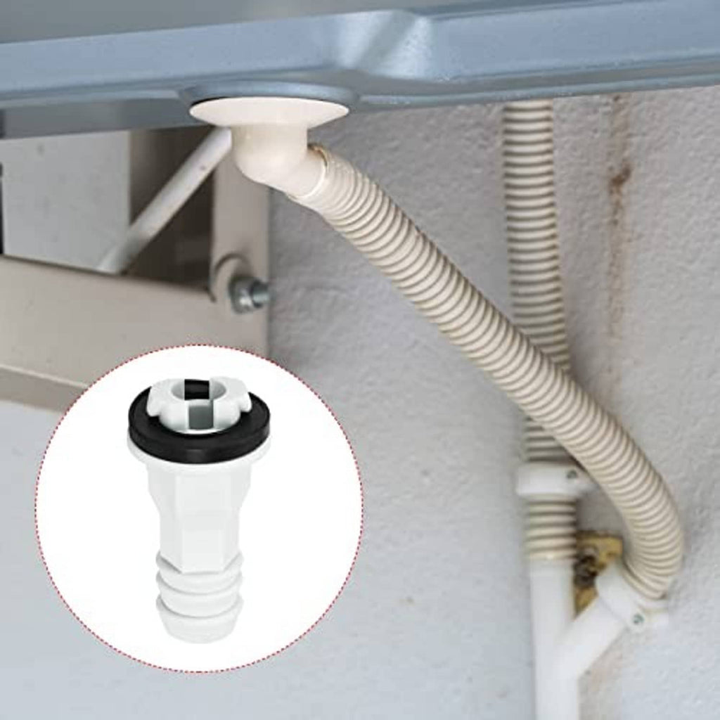 Air conditioner drain hose connector installed on drain line, white body with black seal