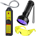 Black refrigerant leak detector with LED indicator, flexible probe, and UV safety glasses