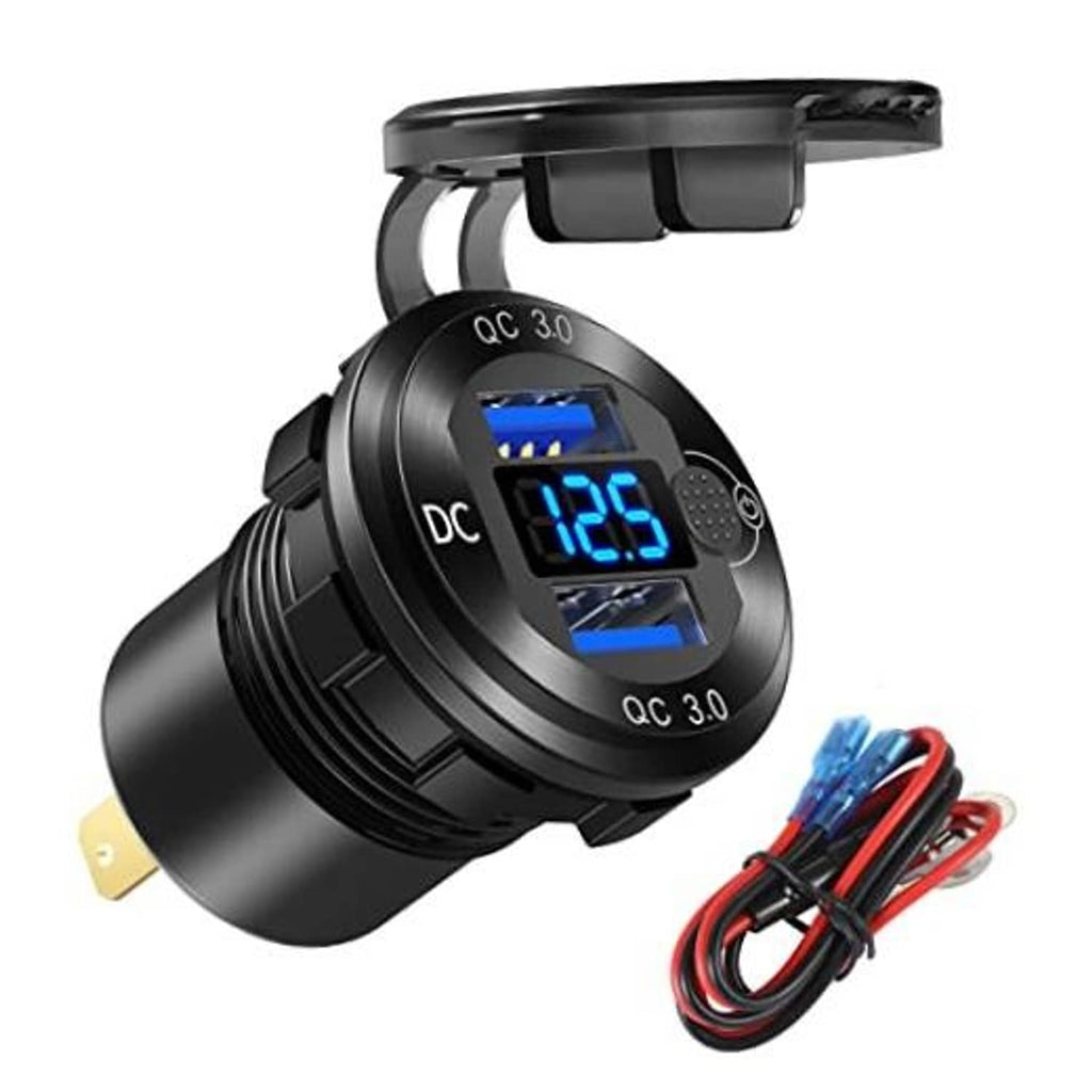 Dual-port QC 3.0 car USB charger socket with blue LED display and DC indicator