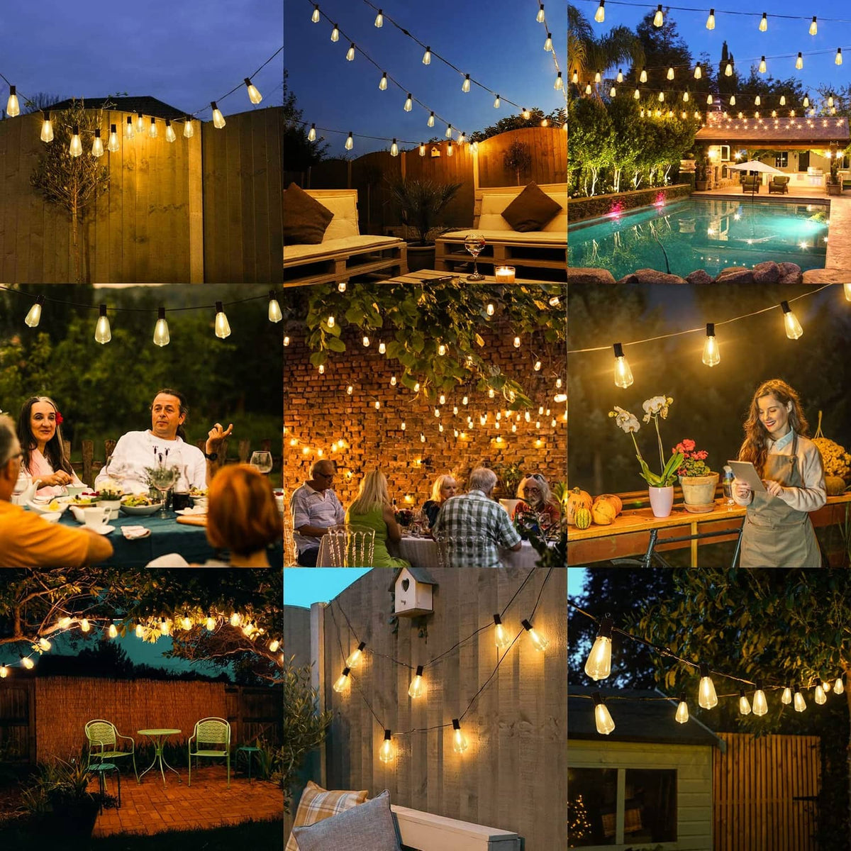 Outdoor string lights with warm white bulbs on black wire for patio and yard use