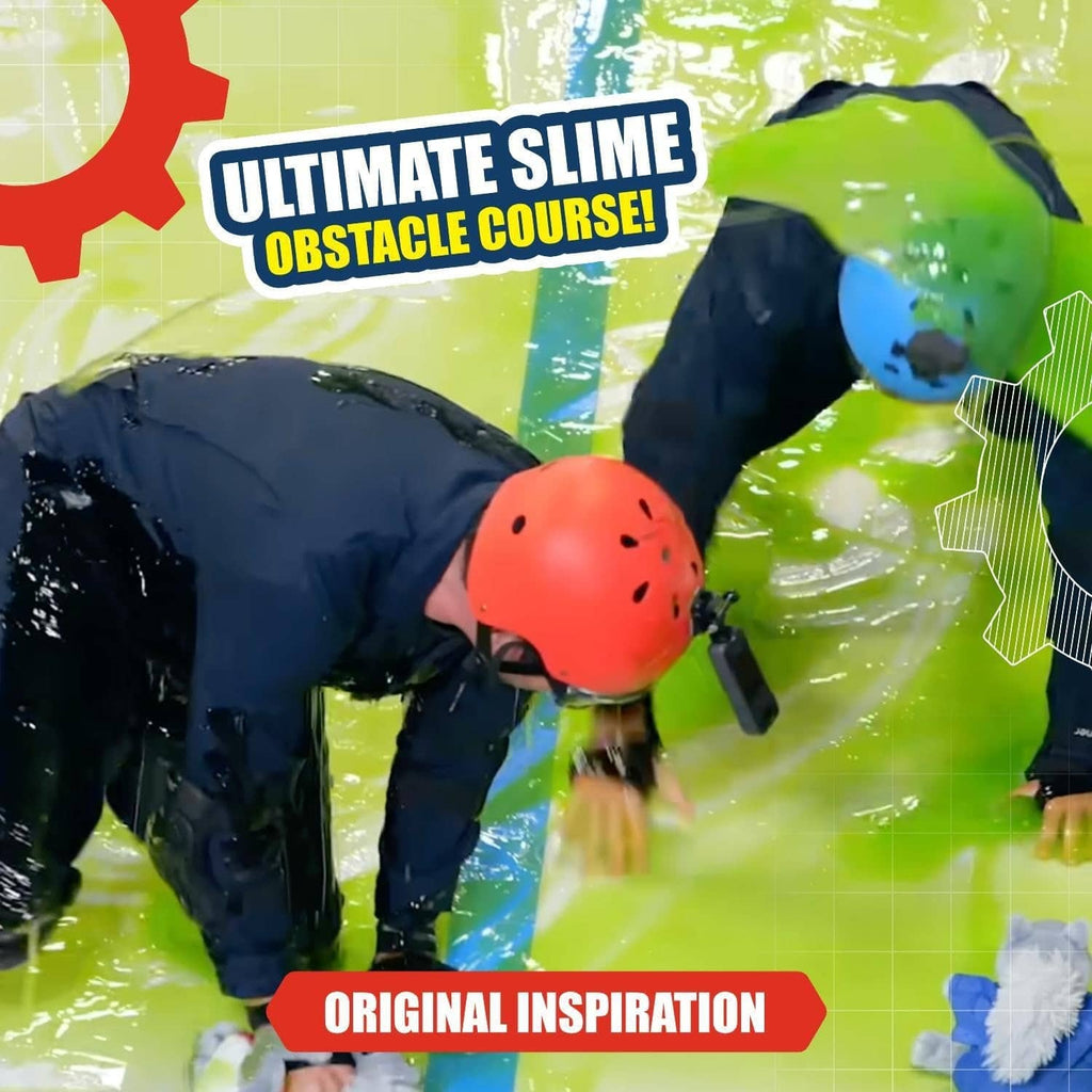 Slime obstacle course set packaging art with dark slime tunnels and red ball