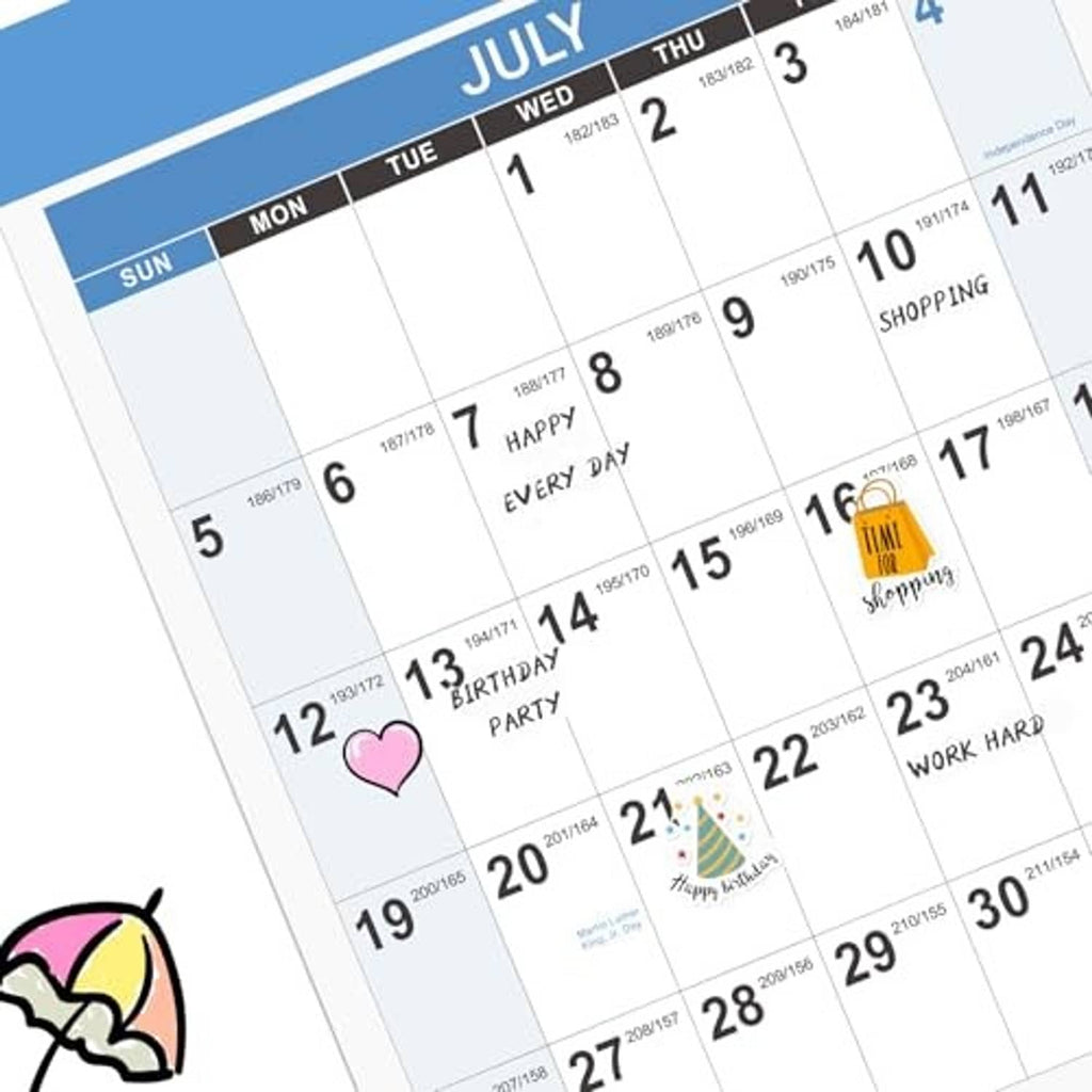 Close-up of July on a blue 2026-2027 wall calendar with decorated day notes