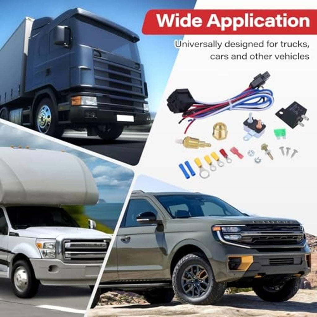 Electric fan relay kit with wiring harness and thermostat switch for vehicle cooling fans