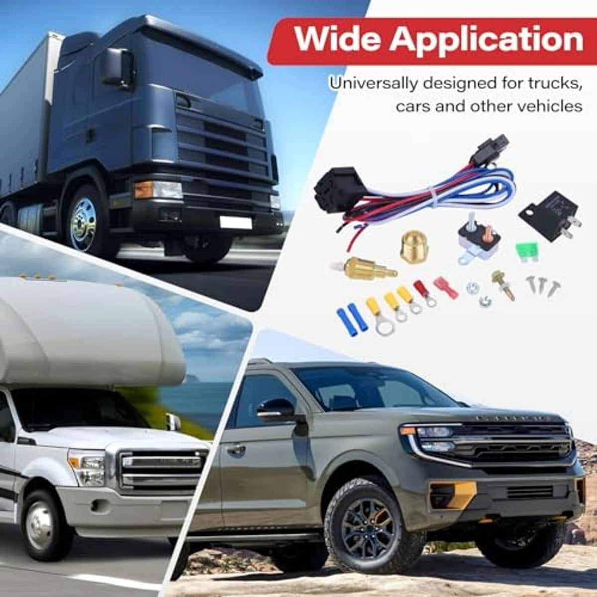 Electric fan relay kit with wiring harness and thermostat switch for vehicle cooling fans