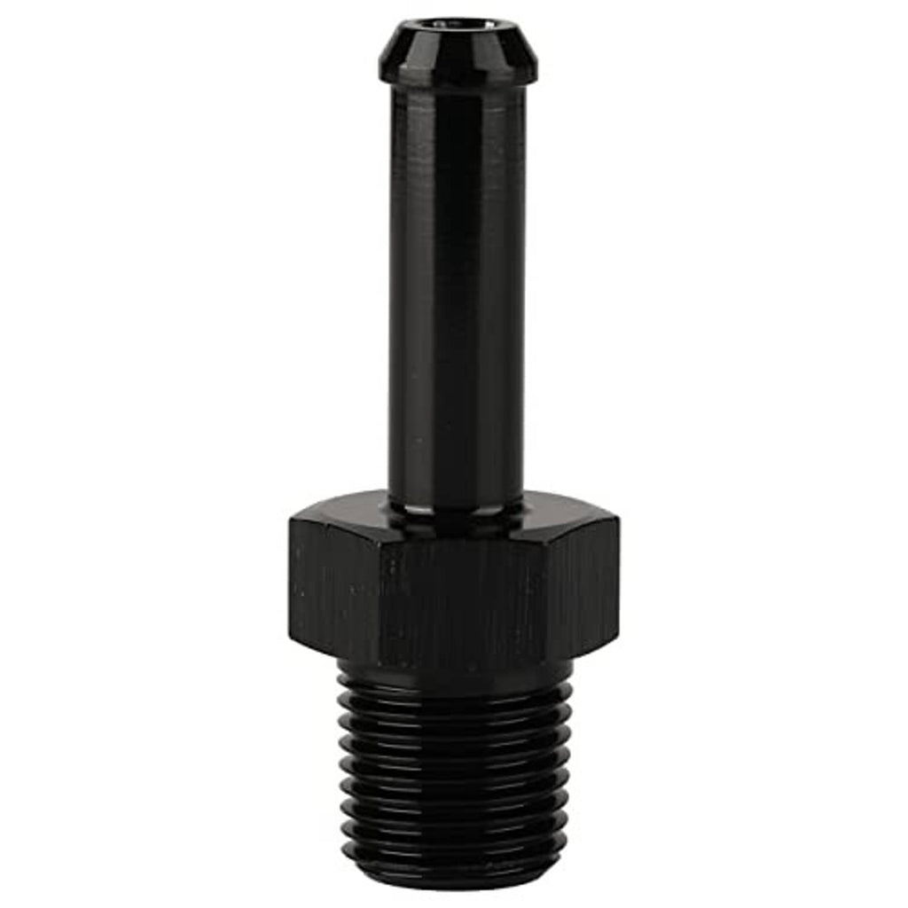 Black straight hose barb fitting with 1/8 NPT male threads and 1/4 barb