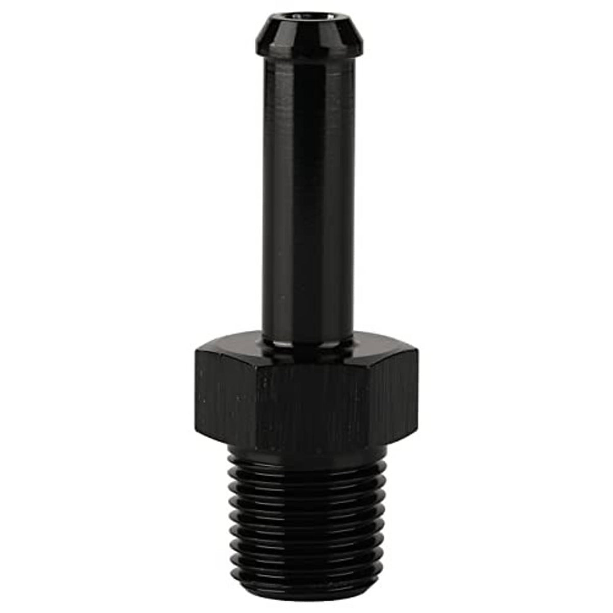 Black straight hose barb fitting with 1/8 NPT male threads and 1/4 barb