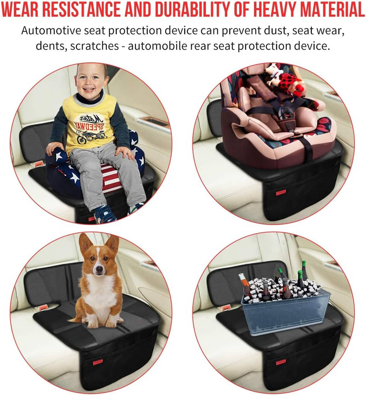 Black automotive seat protector with padded surface for kids and pet safety