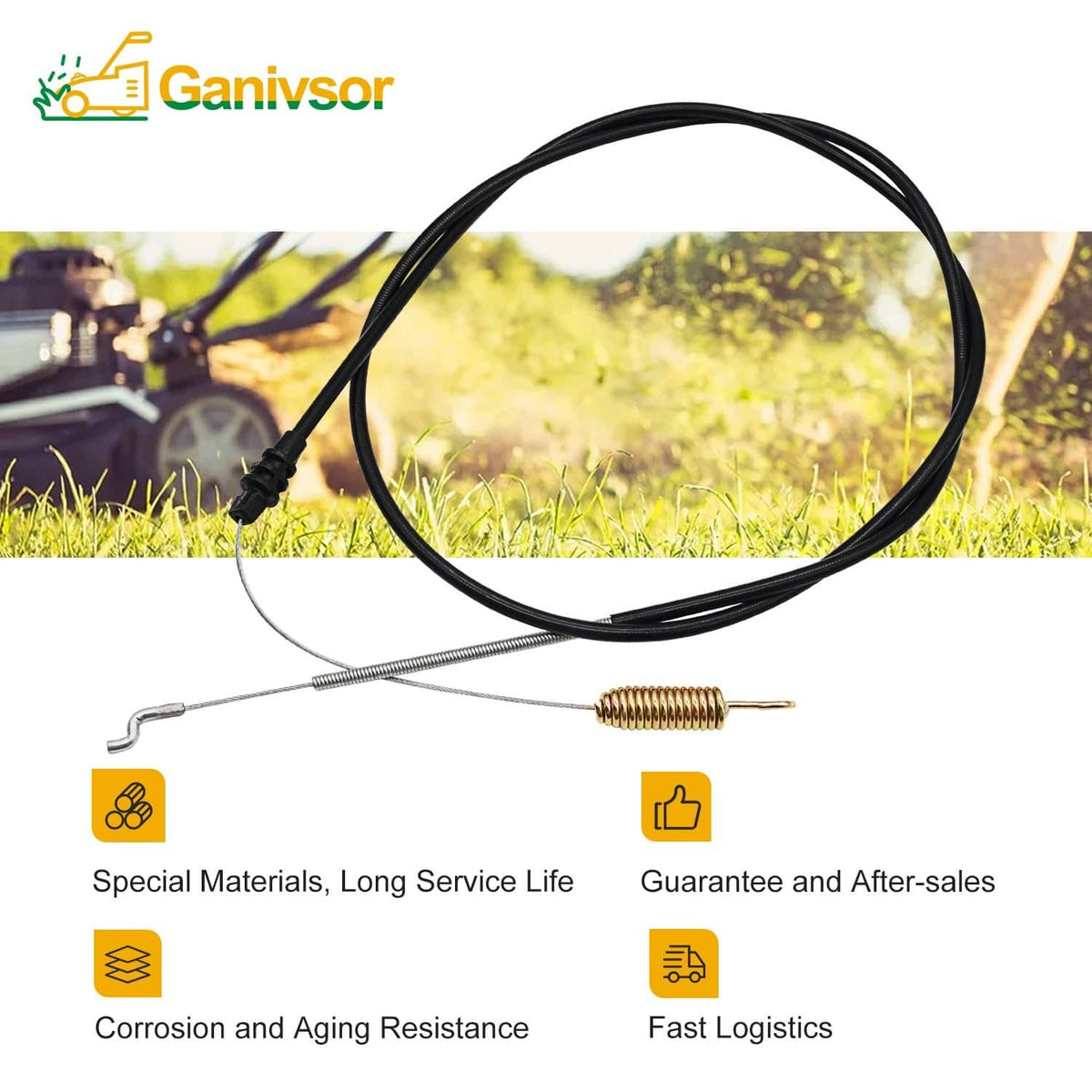 Ganivsor lawnmower traction drive control cable with black looped line and spring tip