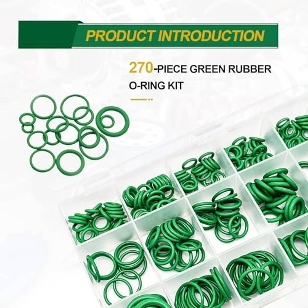 270-piece green rubber O-ring kit with assorted rings in plastic compartments
