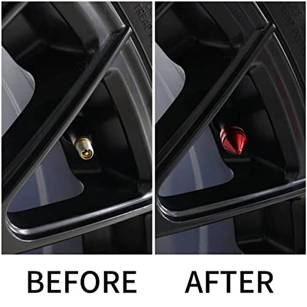 Red conical valve cap installed on a black wheel rim, shown in before/after panels