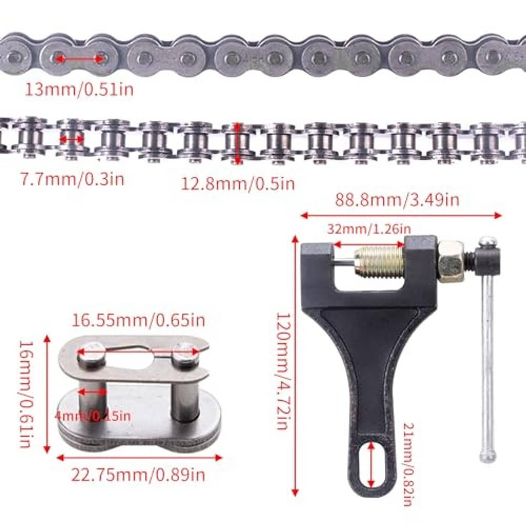 Silver roller chain with size diagram and chain breaker tool components