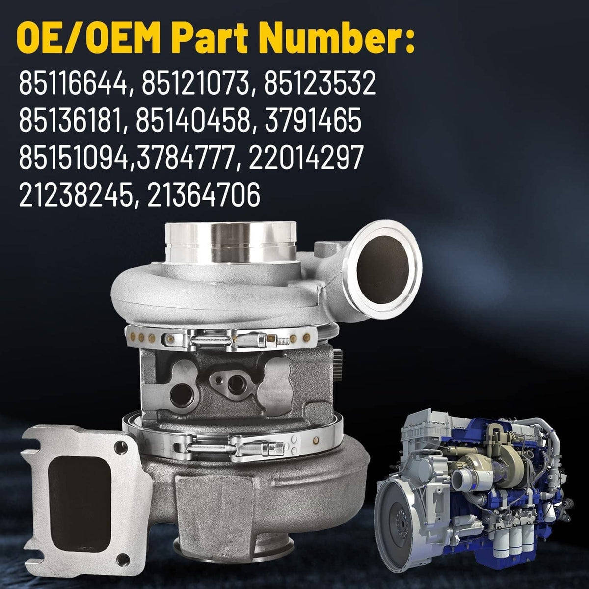 Turbocharger assembly with OE-style fittings and included gaskets, shown front view