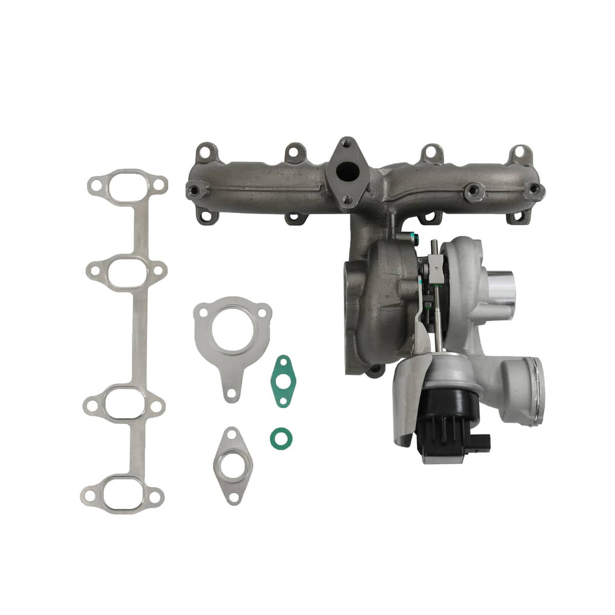 Turbocharger and exhaust manifold with gaskets and small hardware pieces
