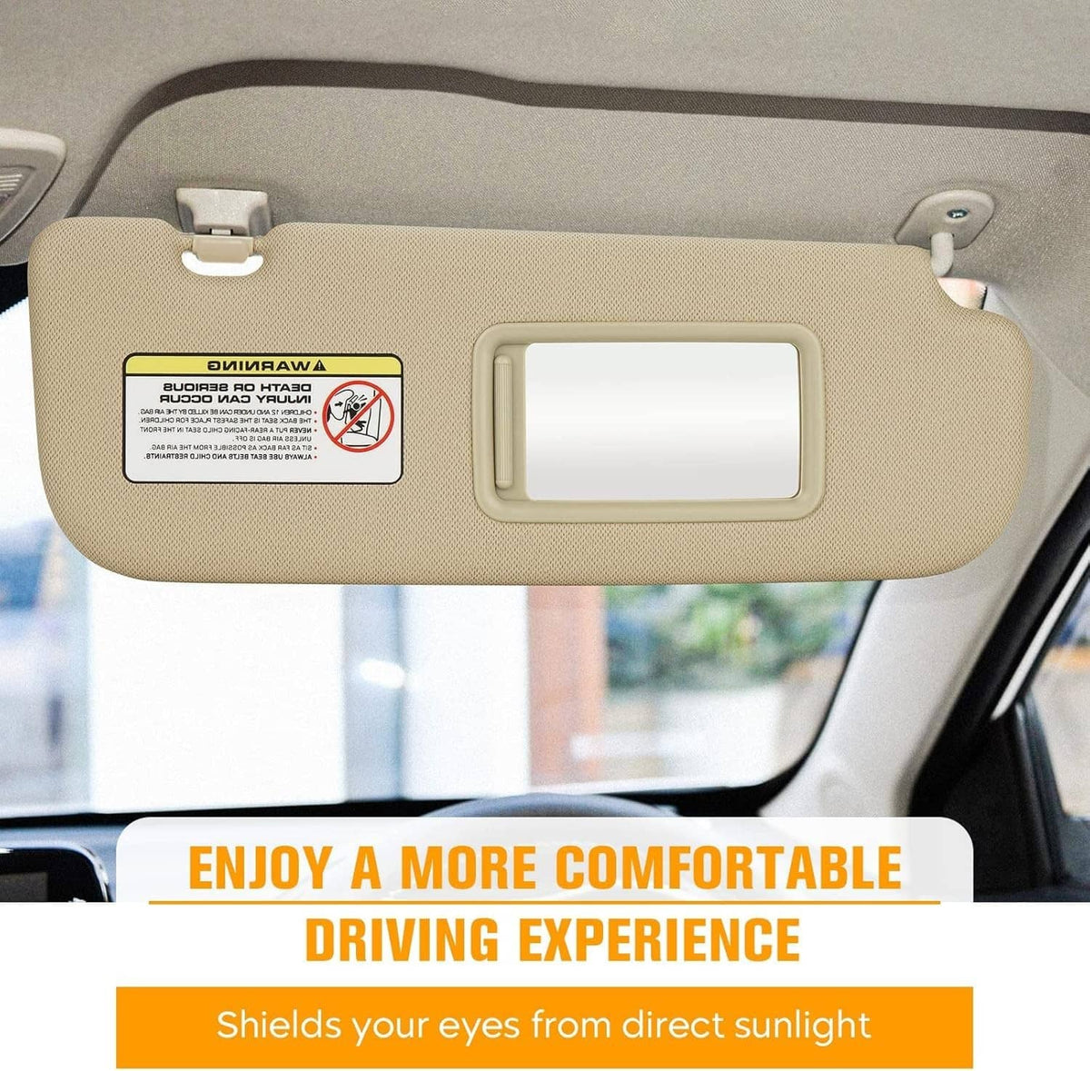 Beige right sun visor installed in car with mirror window and mounting hardware