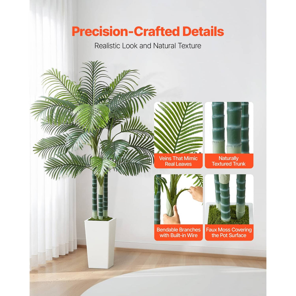 Tall faux palm tree with green fronds, striped trunk, and white pot