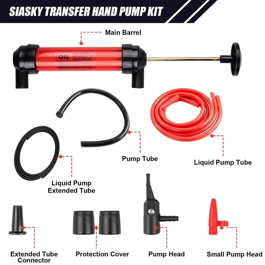 Oil siphon hand pump kit with red barrel, pump tube, liquid pump tube, and covers