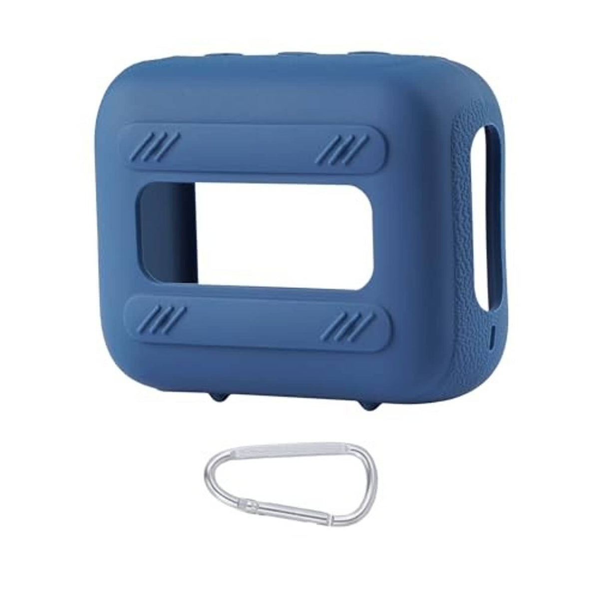Blue silicone speaker case with front cutout and attached carabiner clip