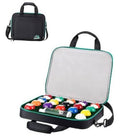 Padded billiard ball carrying case, open lid with multicolor balls in foam tray