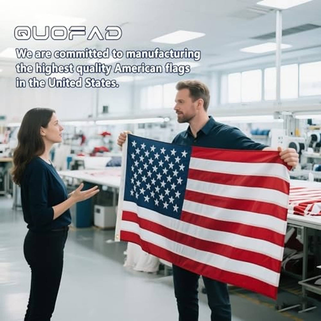 American flag held in factory, red and white stripes with blue star field