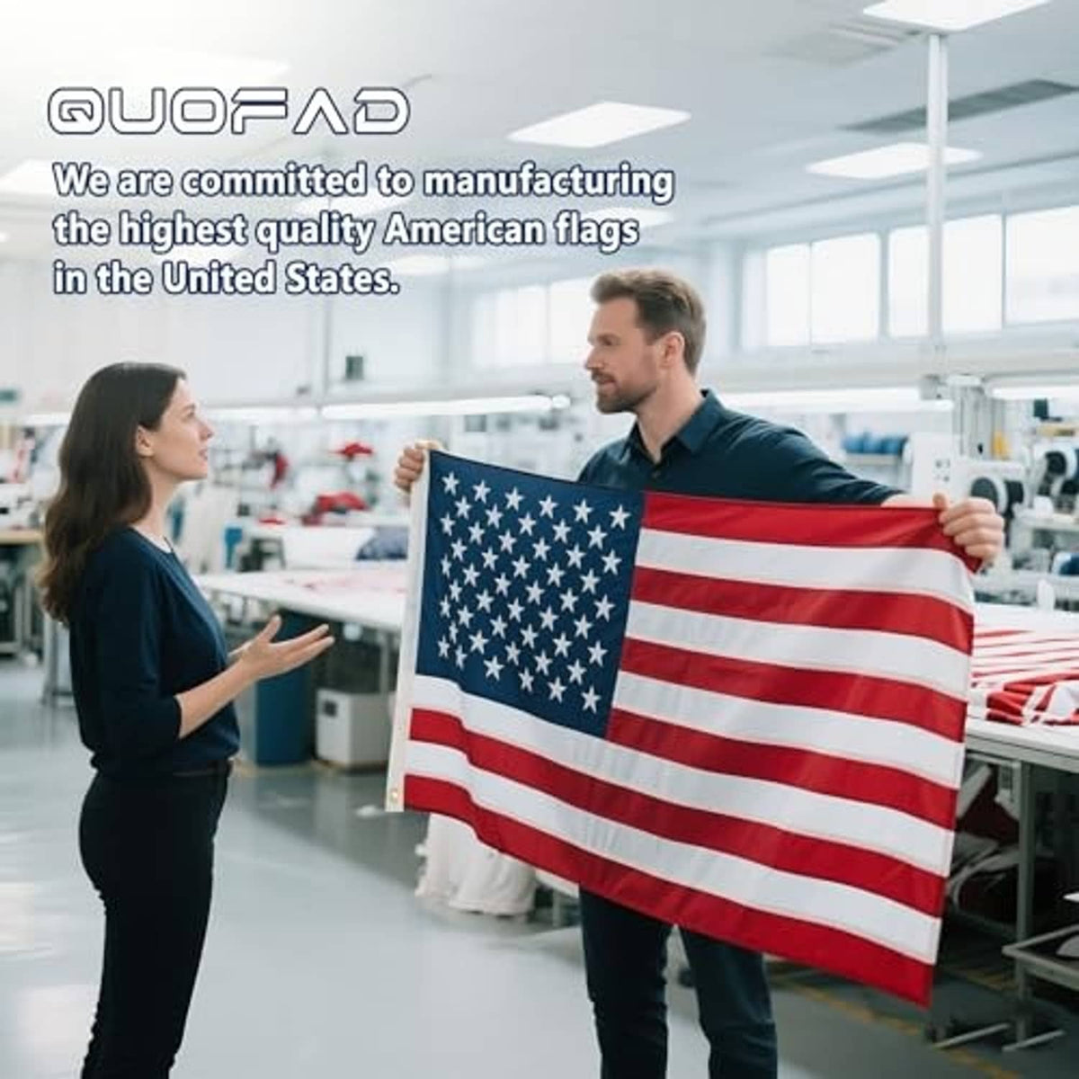 American flag held in factory, red and white stripes with blue star field