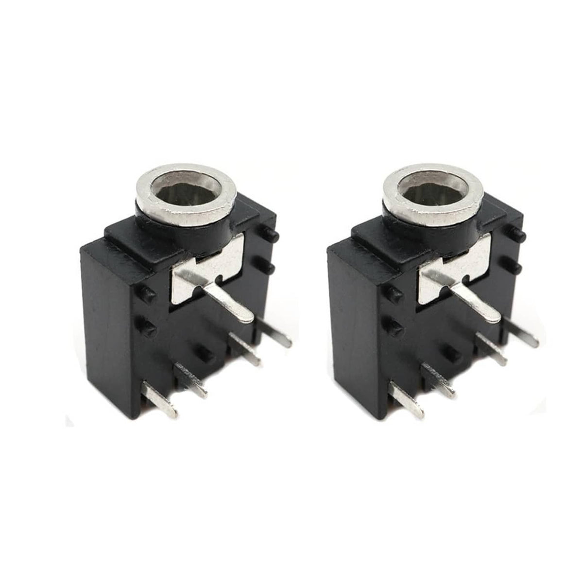 Black 3.5mm stereo jack socket, 5-pin PCB-mount female with metal ring, front view