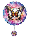 Butterfly wind spinner with purple, pink, and blue layered metal blades and pendant