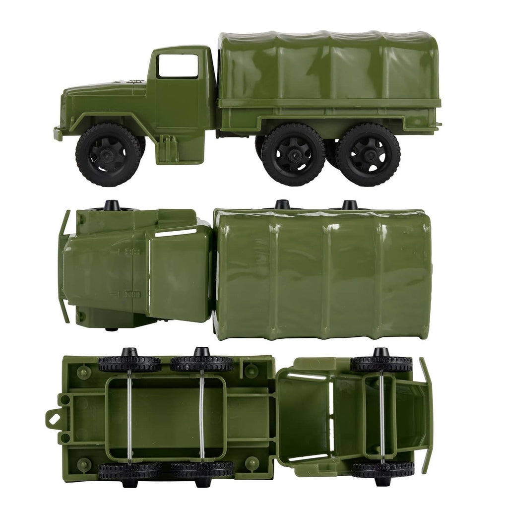 OD green plastic military cargo truck toy shown from multiple angles, includes cab and bed