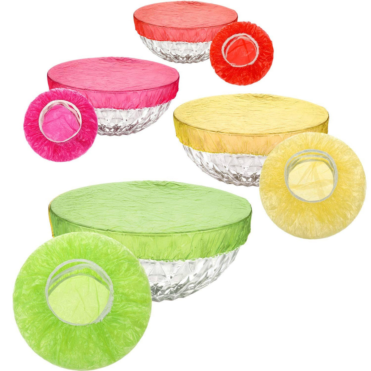 Reusable elastic food covers on bowls in red, pink, yellow, and green, assorted sizes