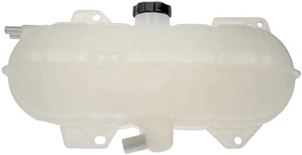 Translucent engine coolant reservoir tank with black cap and multiple mounting points