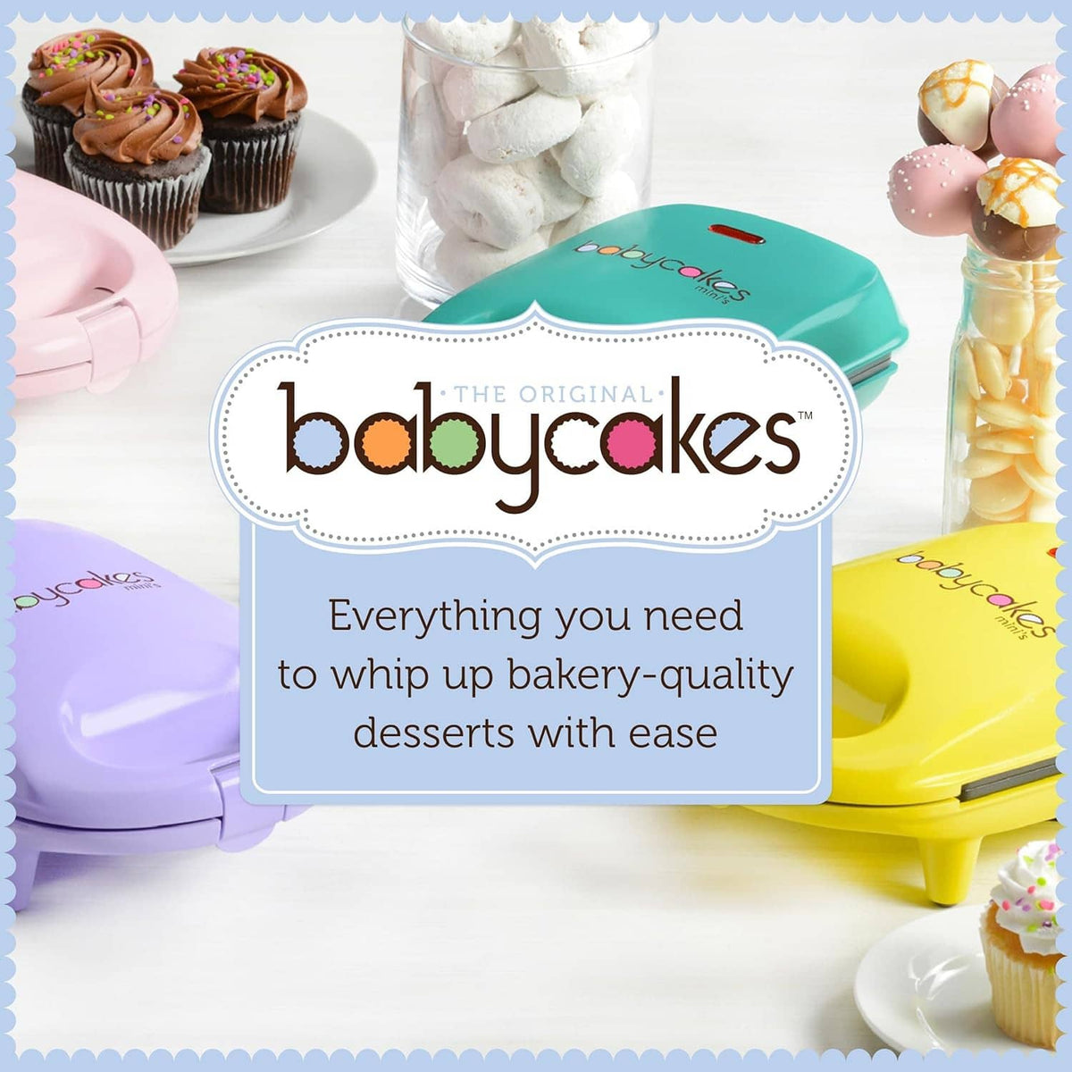 Teal and lavender cake pop maker with open lid beside decorated dessert cups