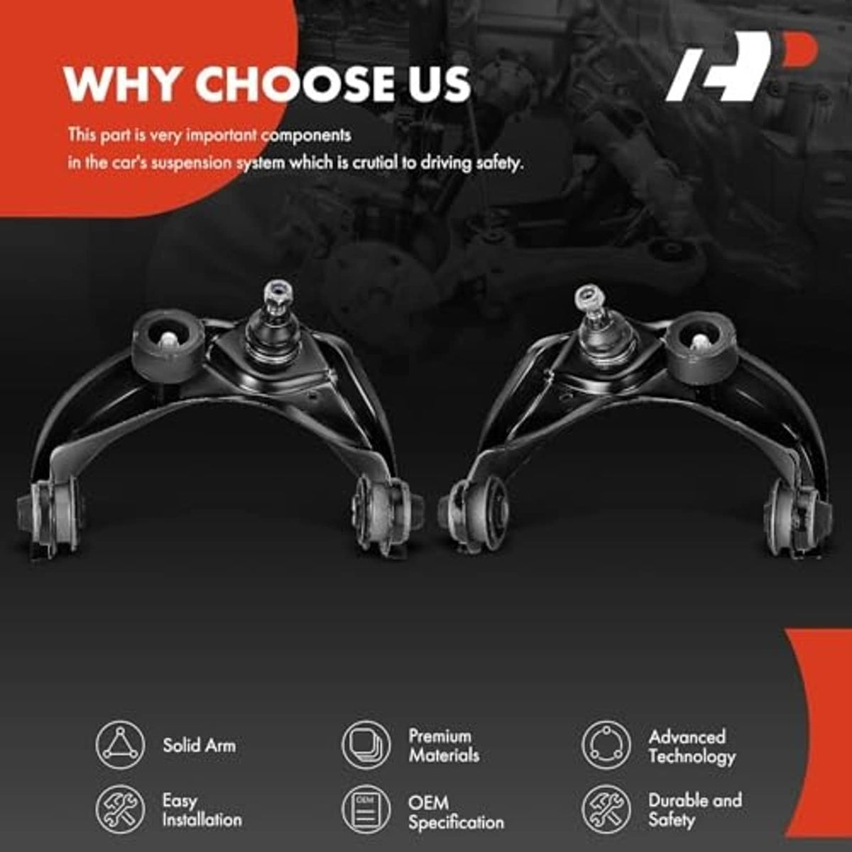 Two black front upper control arms with ball joints and bushing mounts.