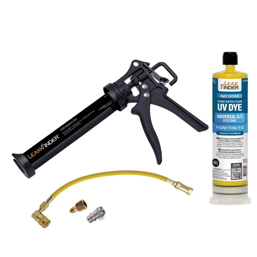 LEAKFINDER UV dye refrigerant leak detection kit with 8 oz bottle, applicator gun and adapters