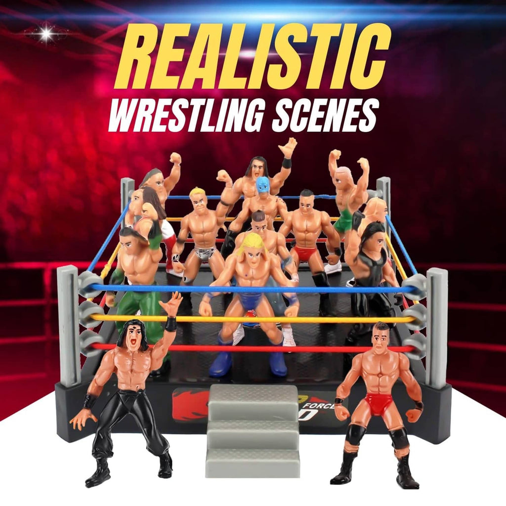 Mini wrestling ring with many wrestler action figures posed inside