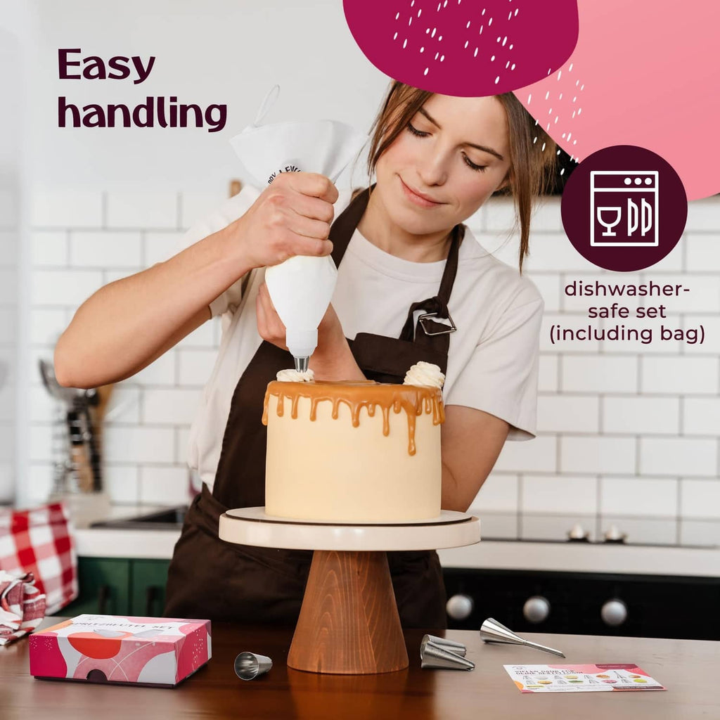 White reusable piping bag dispensing frosting with stainless-steel piping tip