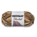 Bernat Blanket chenille super bulky yarn skein, striped brown, tan, and cream
