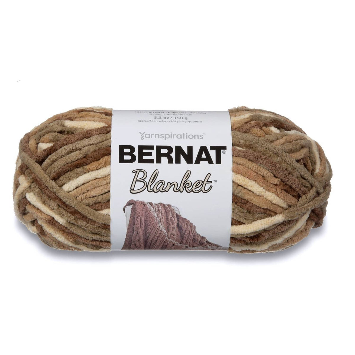 Bernat Blanket chenille super bulky yarn skein, striped brown, tan, and cream
