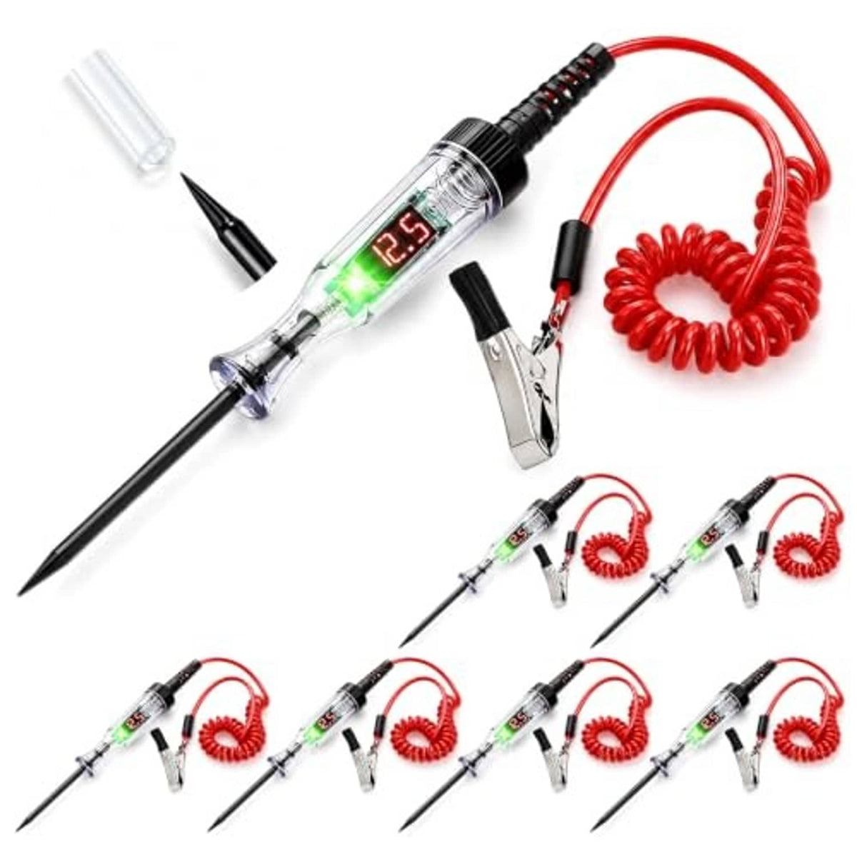 Set of 6 automotive digital test lights with green LED display, red coiled cables and probes