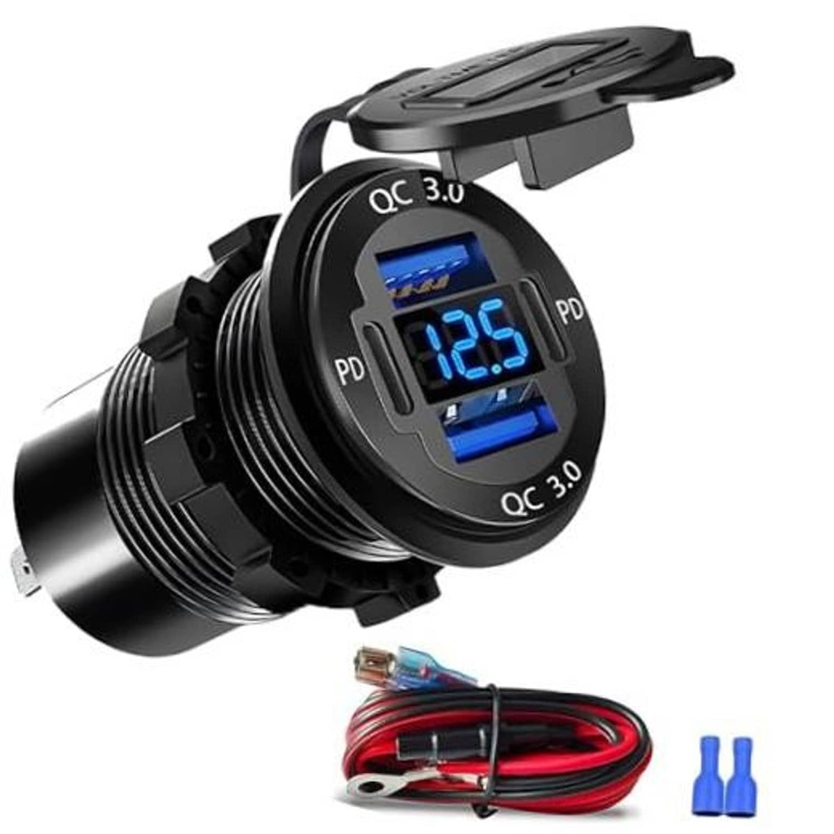 Black 12V car USB outlet with digital display, blue ports, QC 3.0/PD, includes wiring