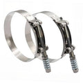 Stainless steel T-bolt hose clamp set with spring-loaded bolt and black inner band, pair