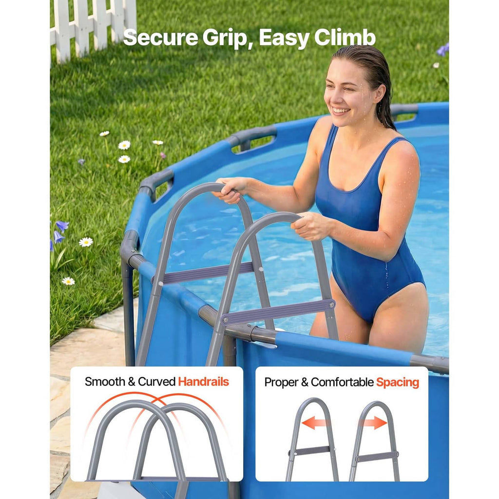 Gray pool ladder with smooth curved handrails and three wide steps for climbing