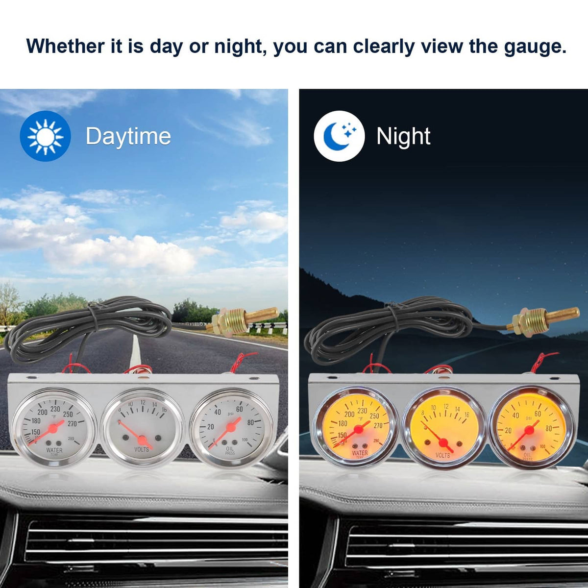 Mechanical triple gauges mounted on dashboard with visible wiring and brass sensors
