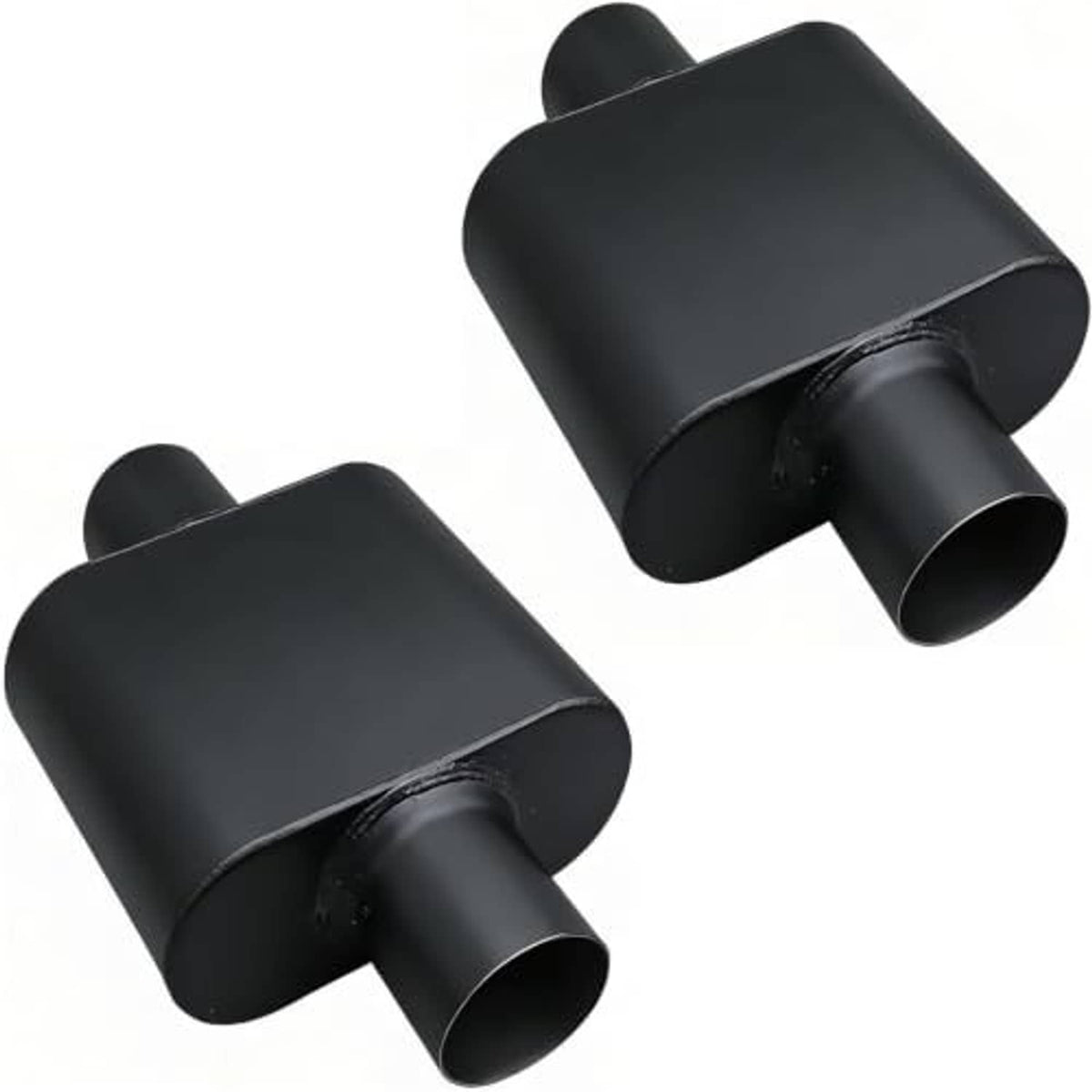 Black single-chamber muffler pair, side view, with dual cylindrical outlet pipe openings.