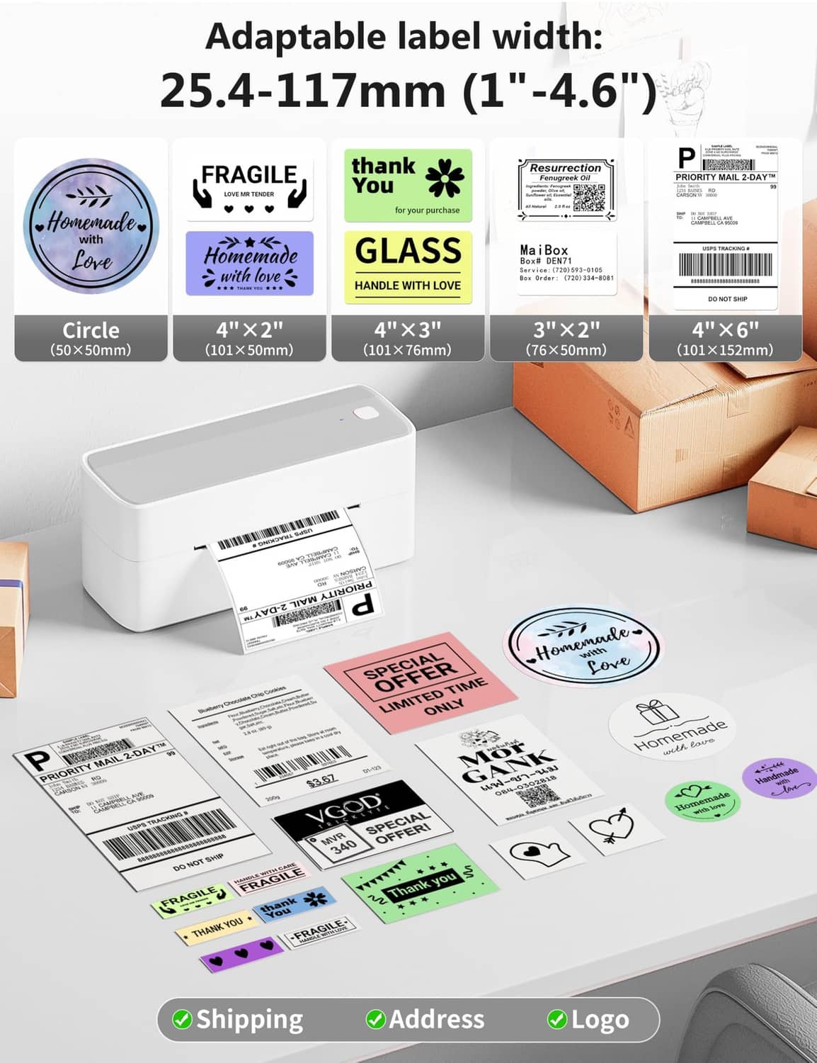 White thermal shipping label printer with 4x6 labels and printed sample sheets