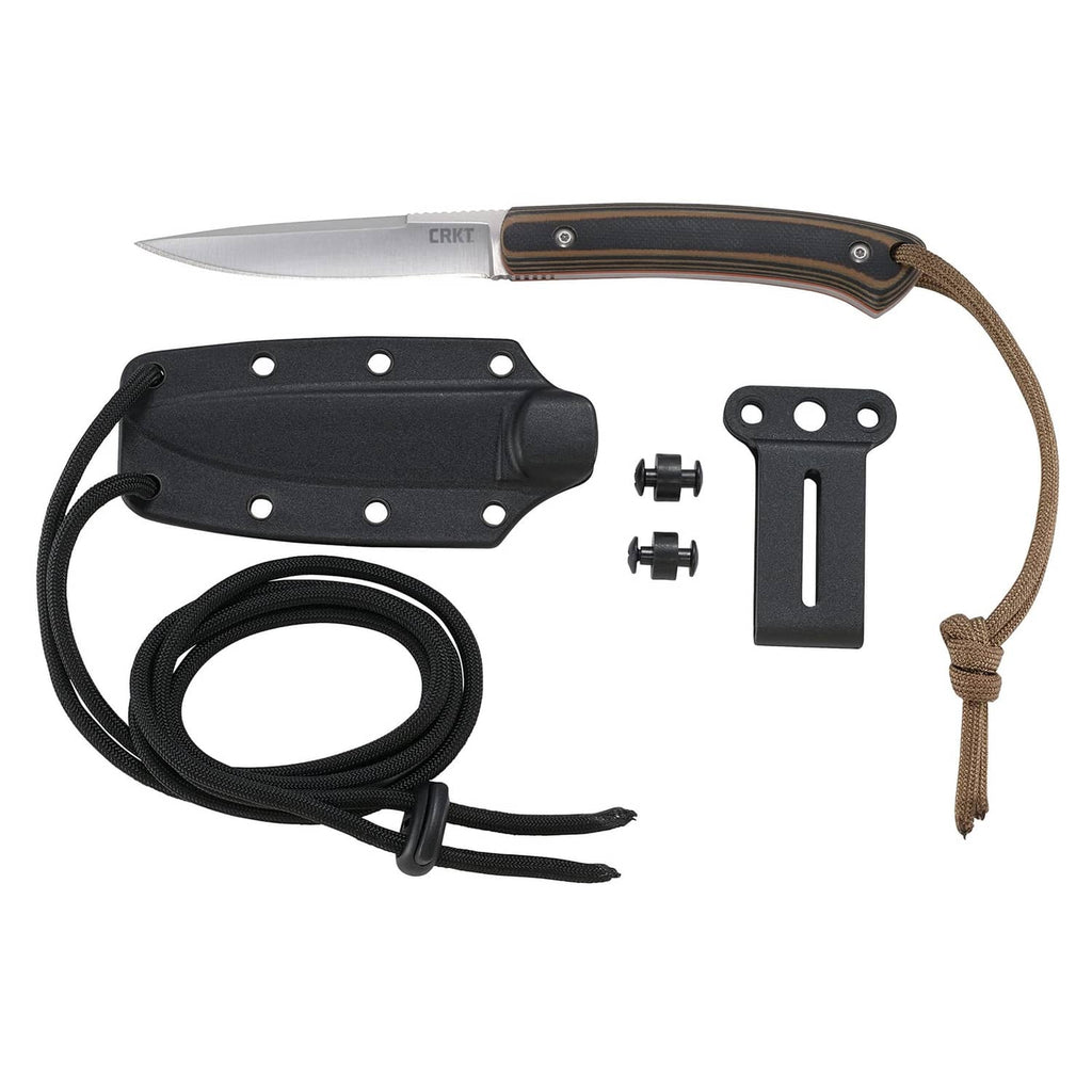 Fixed blade knife kit with black sheath, screws, belt clip, and cord lanyard