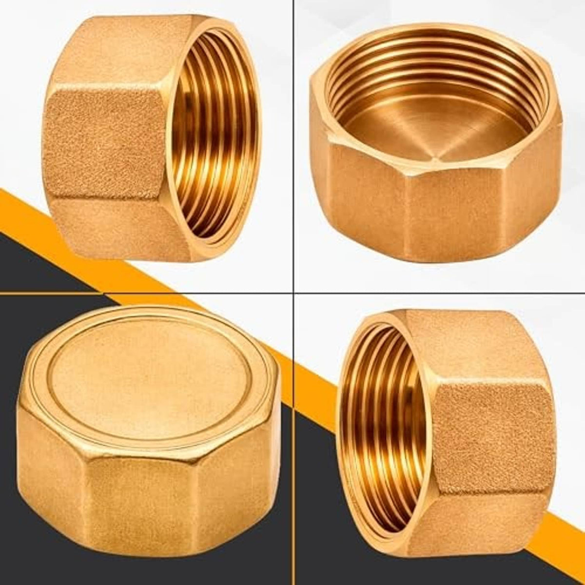 Brass NPT female pipe cap with hex head and internal threads, front and side angles