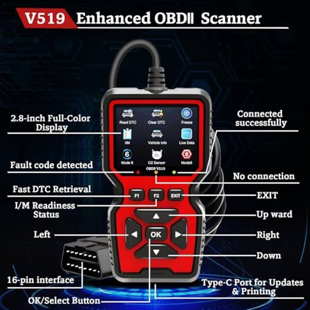 V519 enhanced OBDII scanner close-up with 2.8-inch screen, controls, and Type-C port