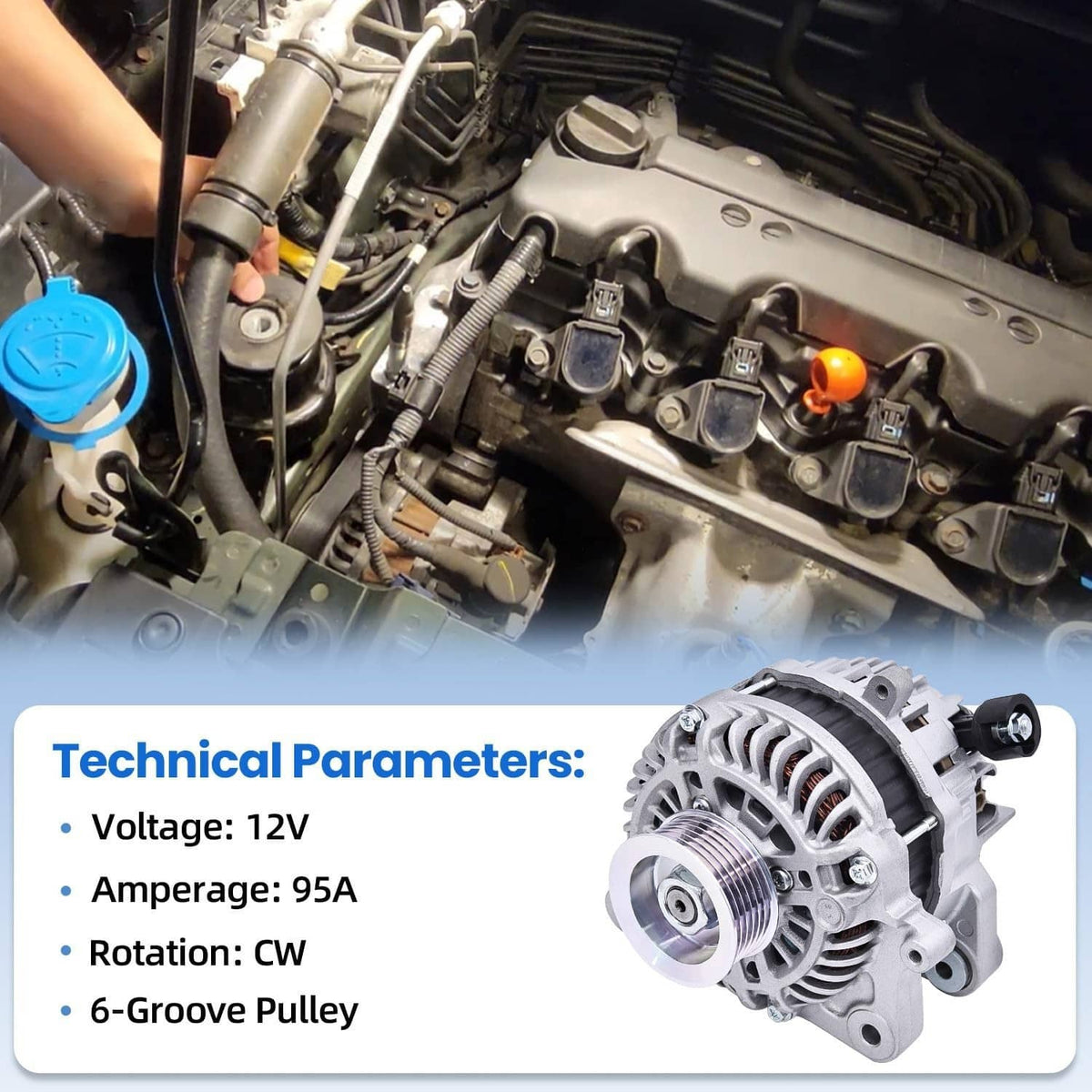 Alternator installed in engine bay with pulley and wiring connectors