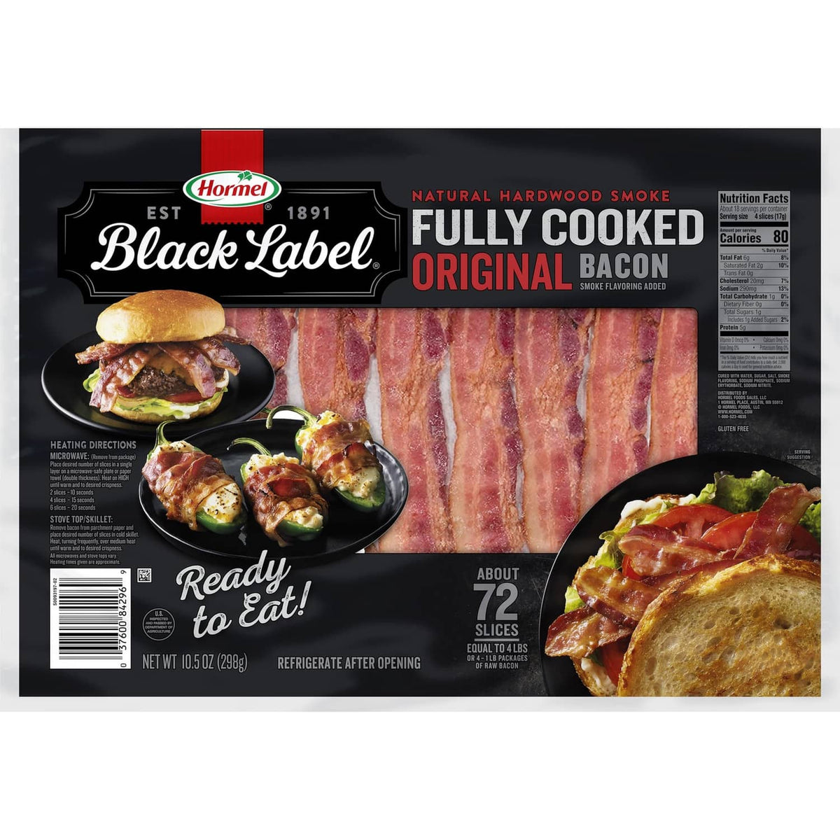 Fully cooked original bacon package, Black Label branding on thick cut bacon snacks